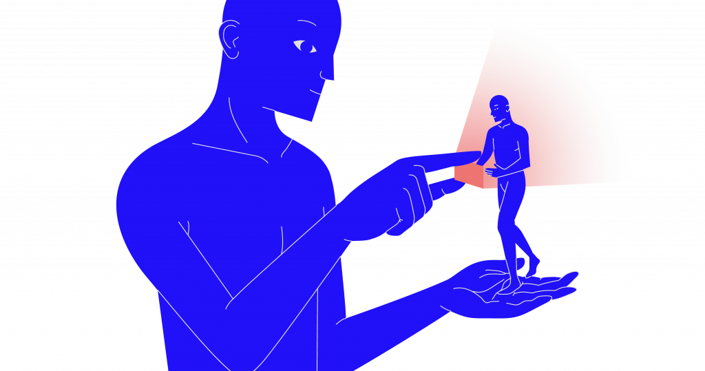 Illustrazione: Una figura umana porge uno schermo illuminato ad un'altra